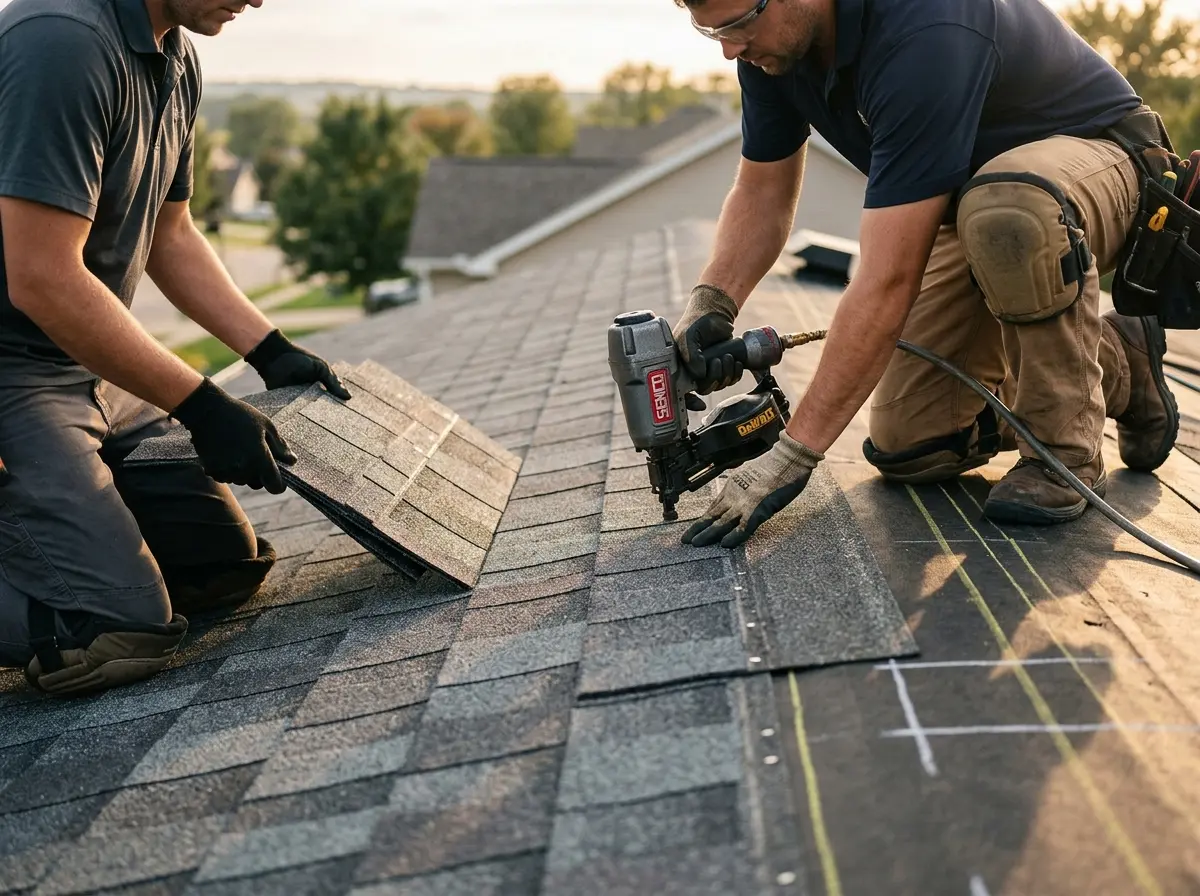 Professional roofer working on a residential roof in Blackwell